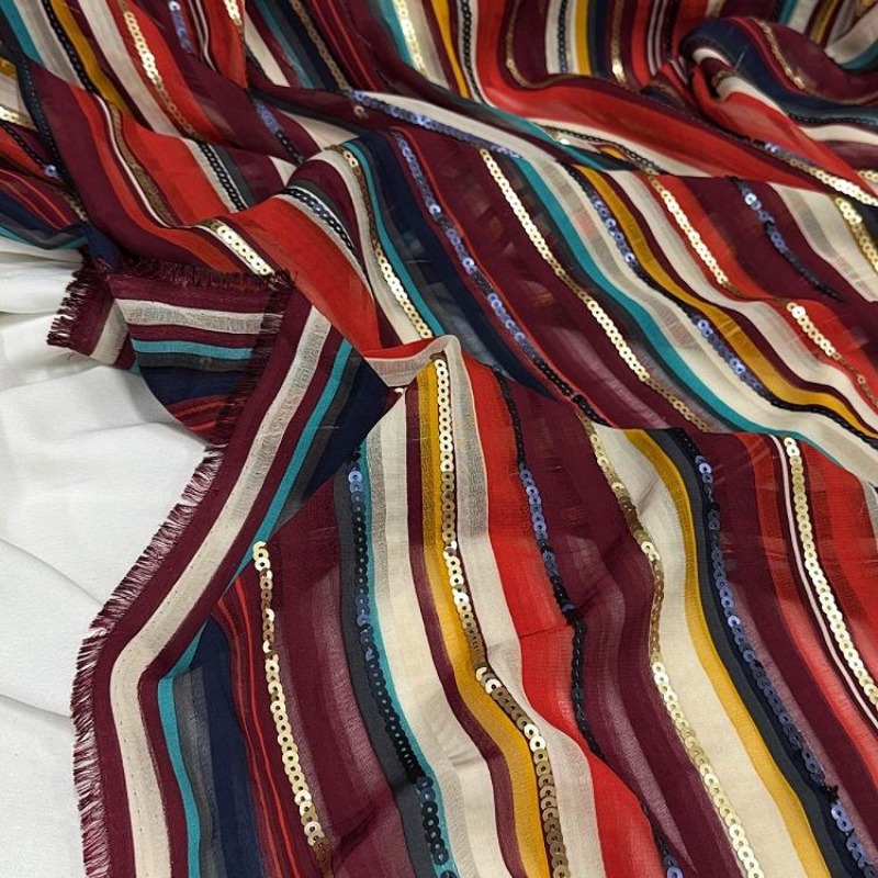 Crystal Mesh Fabric - الملونة مخطط مطرز الترتر النسيج العرقية